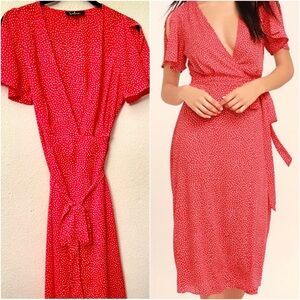 Lulus Polka Dot Red Wrap Midi Dress